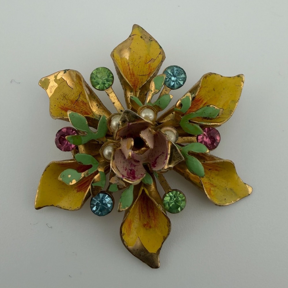Yellow Vintage Enamel Rhinestone Pearl Floral Brooch Pin